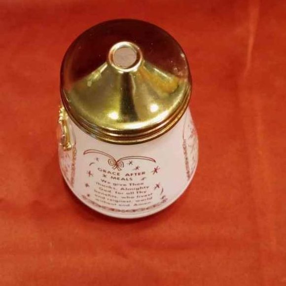 VTG WHITE WITH GOLD DETAIL RELIGIOUS SUGAR DISPENSER WITH GOLD TONE METAL 60'S - Picture 5 of 6